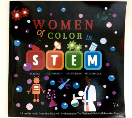 Image of book cover. Text reads Women of Color in STEM with purple and blue dots and STEM iconography