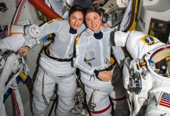 Astronauts Jessica Meir and Christina Koch in the International Space Station