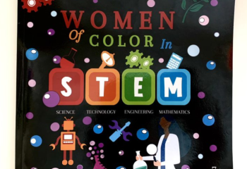 Image of book cover. Text reads Women of Color in STEM  with purple and blue dots and STEM iconography