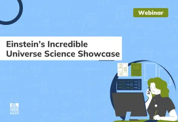 Einstein's Incredible Universe Science Showcase Webinar - illustration of woman looking at a computer