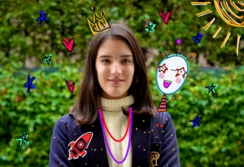 Photo of young woman wearing a navy blazer and cream sweater. The photo is overlain with handrawn doodles