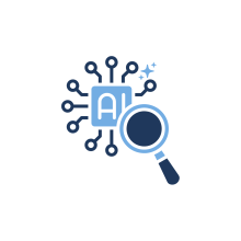 Letters AI in a circuit board style graphic with a magnifying glass