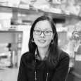 Jin Kim Montclare - Black and white photo of a woman with dark hair in a chemistry lab