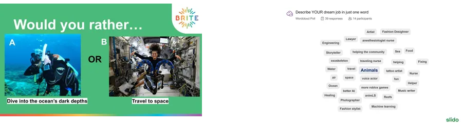 two slides - one with a would you rather question and then other showing words that describe dream jobs