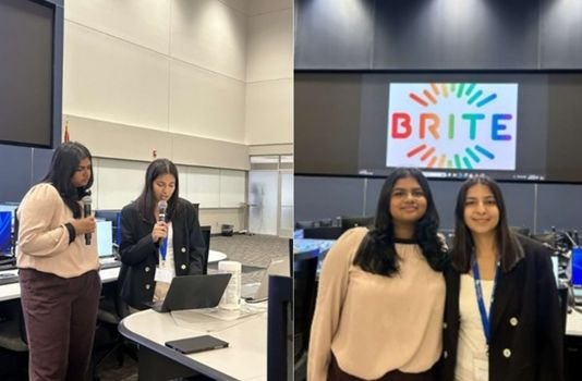Two photos of two young women. On left, two women speaking into microphones and looking at a laptop. On right, two women in front of a screen displaying the Brite name and logo