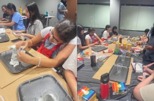 Two photos of teens working volcano models at a table